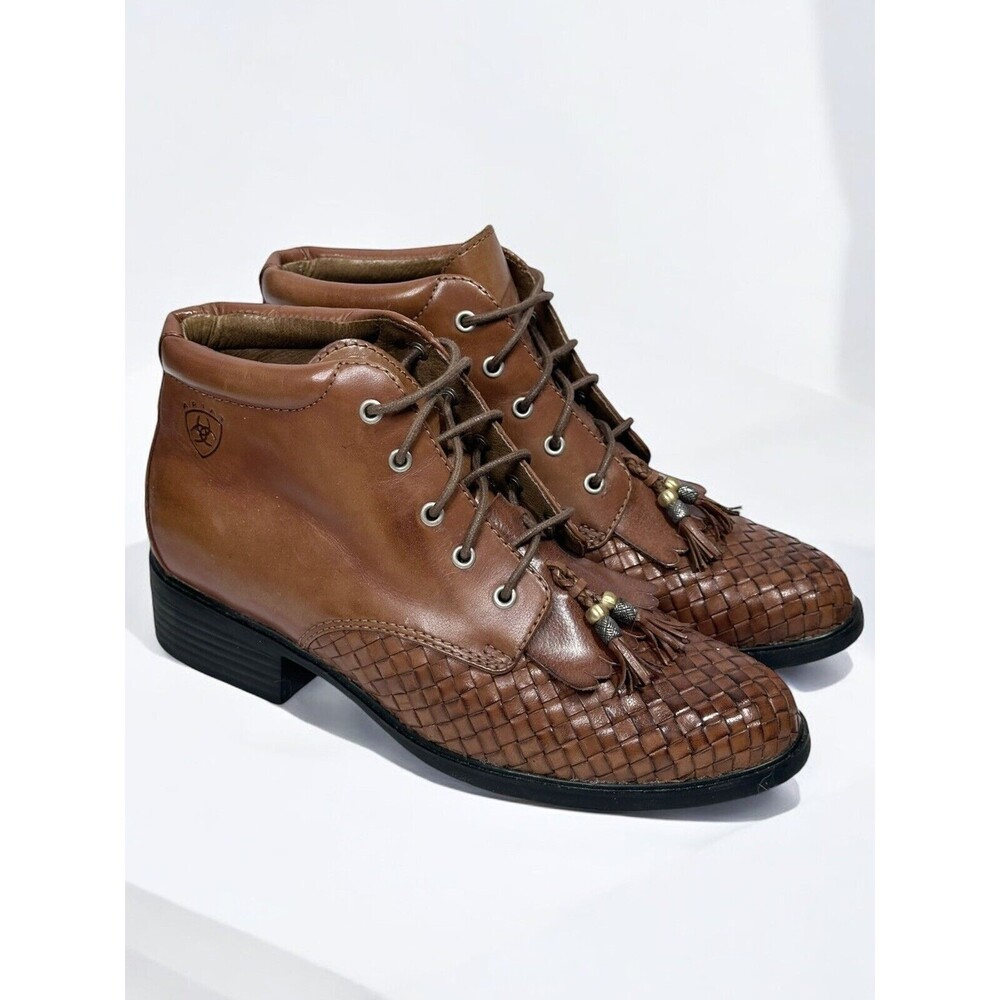 VTG Ariat Boots Women's 5.5B Brown Leather Kiltie Tassel Woven Retro Western - Picture 3 of 12